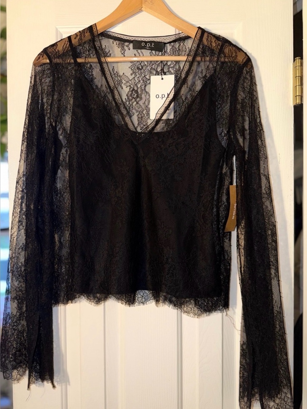 o.p.t. Moxie Black Long Sleeve Lace Top With Bell Sleeve Size XS